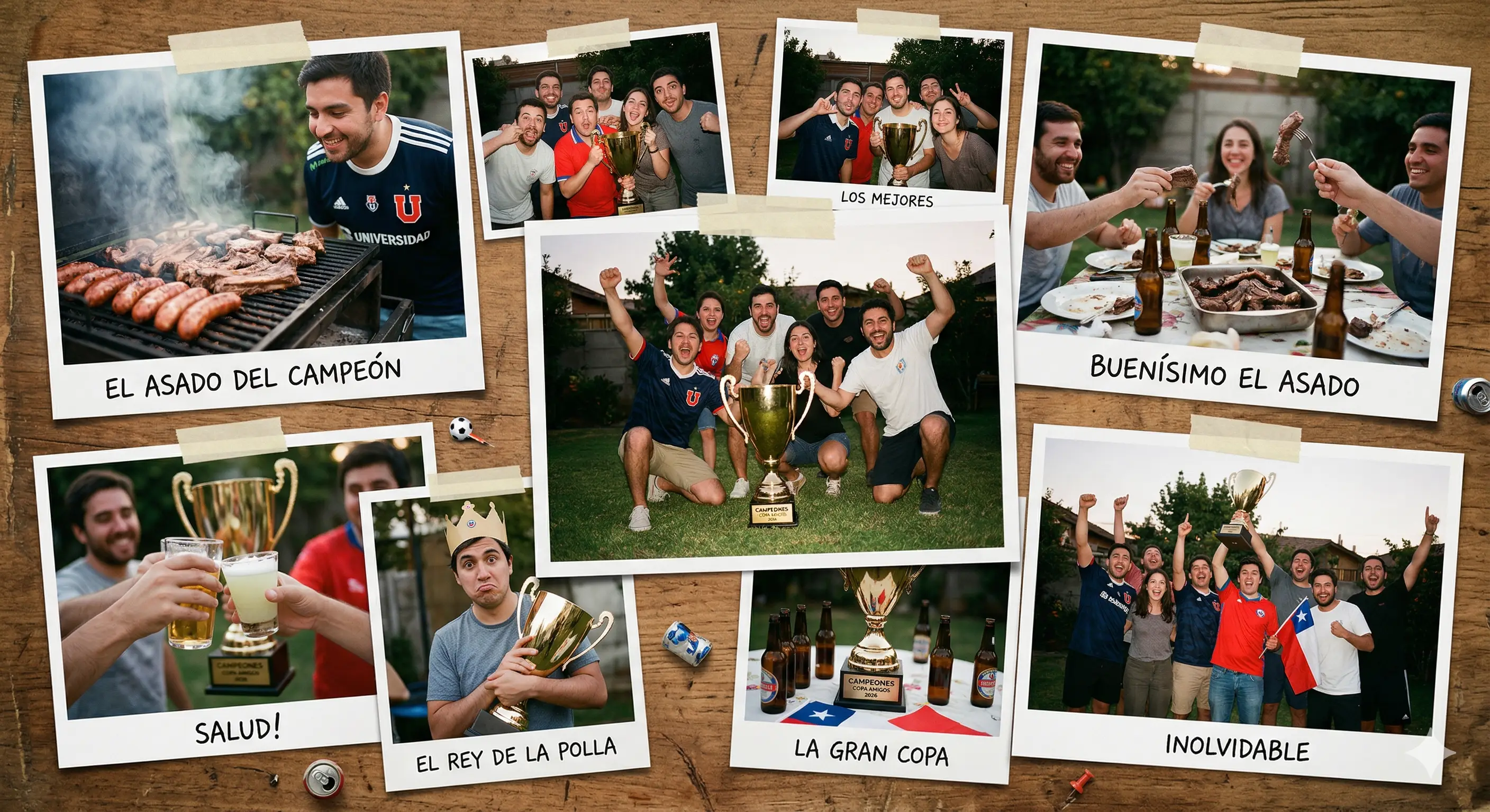 Amigos celebrando el primer lugar de su polla de fútbol con un trofeo