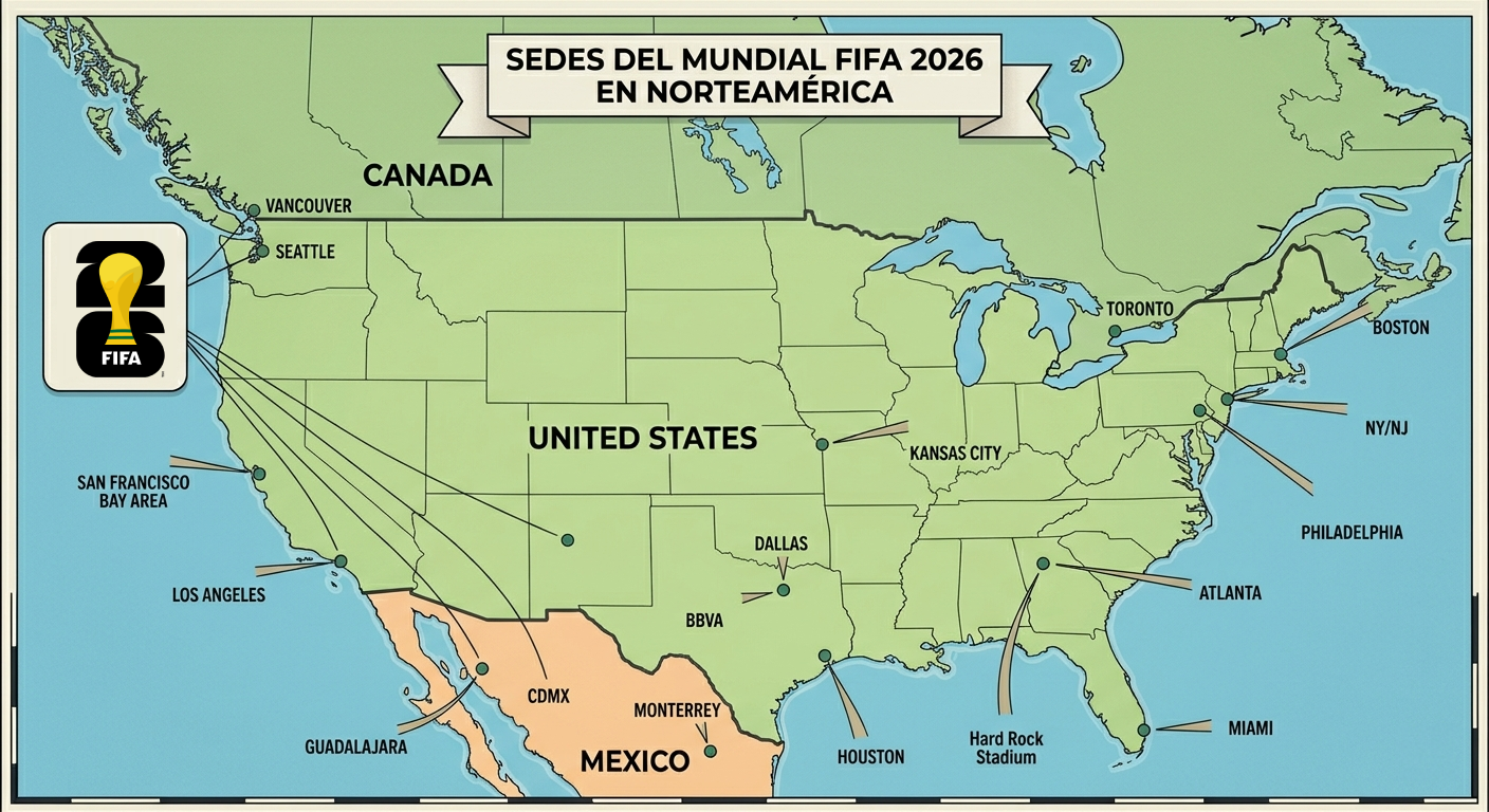 Mapa de las sedes del Mundial 2026 en Estados Unidos, México y Canadá